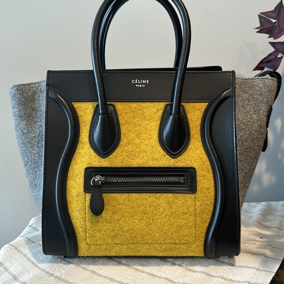 Céline Yellow, Grey, Black Leather & Wool Felt Micro Shopper Tote Fall 16’ - Picture 5 of 17